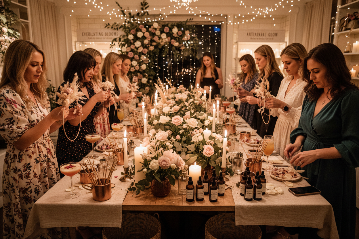 Bloom, Glow & Mocktails. Girls night out creating an Everlasting Floral Arrangement and Candle Bar.