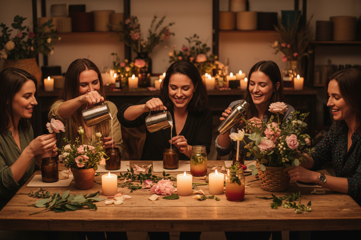 girls night out making candles, floral arrangements and mocktails