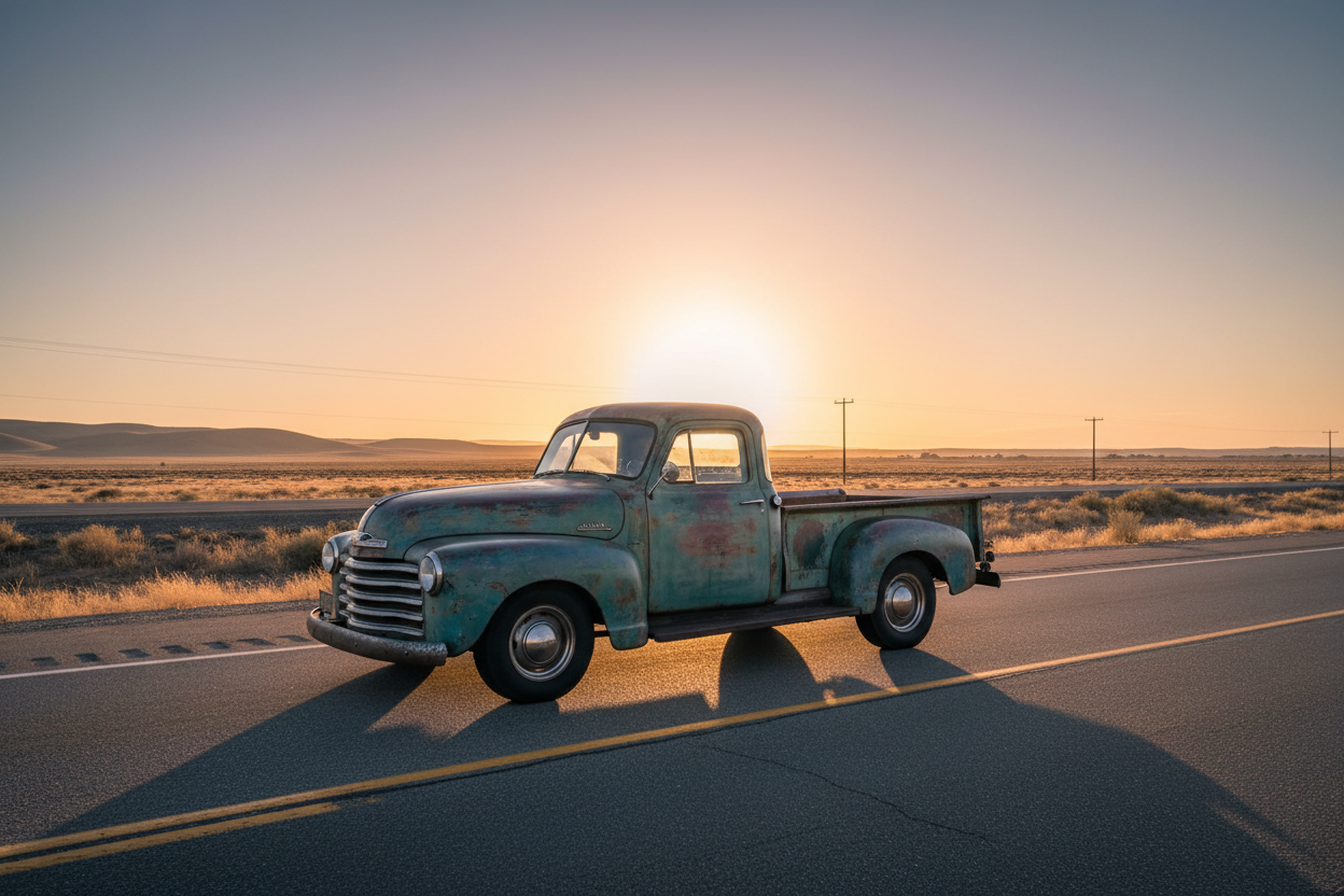 old rustic truck on a highway. this is to be used to announce where we are headed